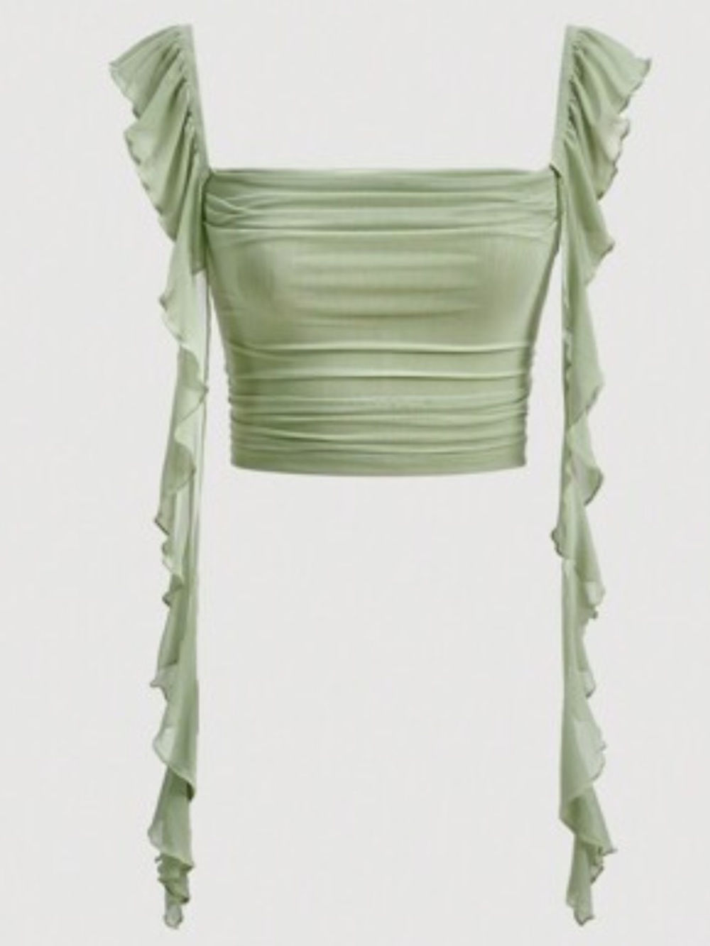 SHEIN Sage Green Ruffle-Trim Ruched Ribbon Crop Top